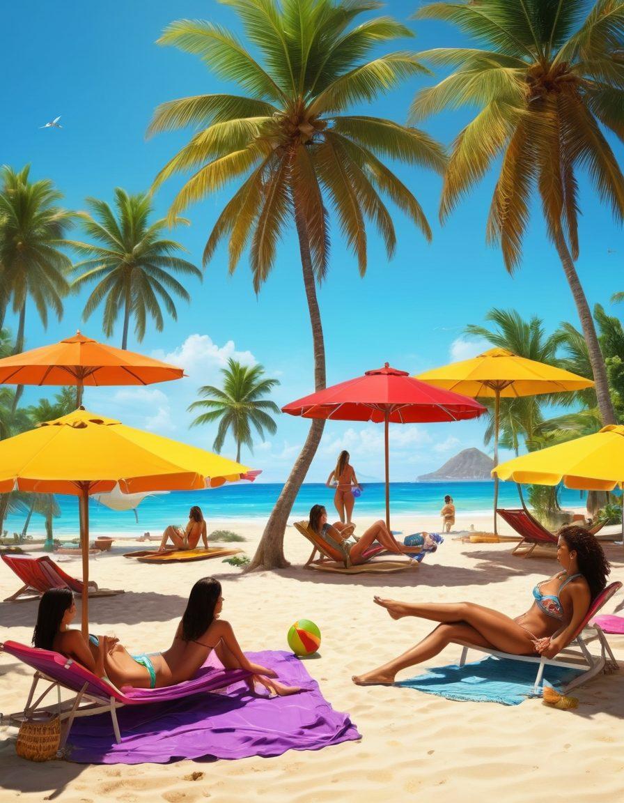 A vibrant beach scene showcasing diverse Brazilian bikini styles, with models lounging under the sun, palm trees swaying in the background, and colorful beach umbrellas. The atmosphere is lively, with beachgoers enjoying summer activities such as volleyball and surfing. Include elements of Brazilian culture like music instruments and traditional foods scattered around. bright and cheerful colors. super-realistic. lively summer vibe.